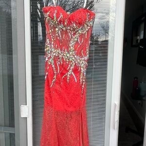 JVN Coral Red Beaded Lace Evening Dress